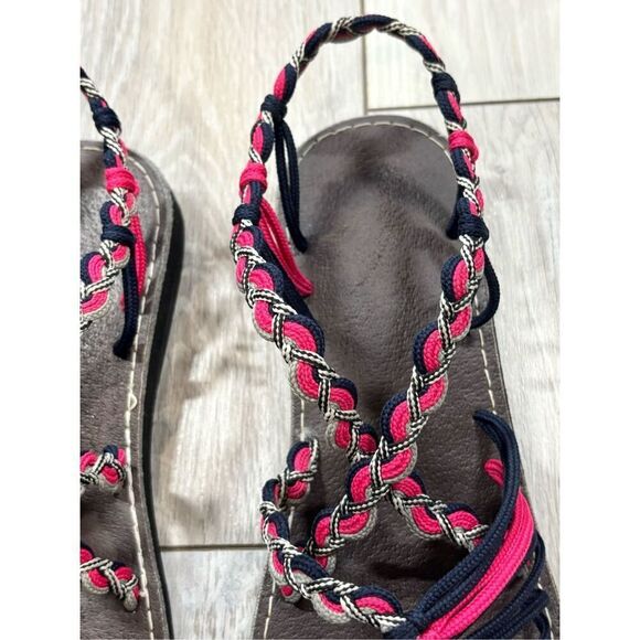 2 pair of ladies braided rope flat sandals cream/black & Navy/hot pink size S 7- - Picture 4 of 12